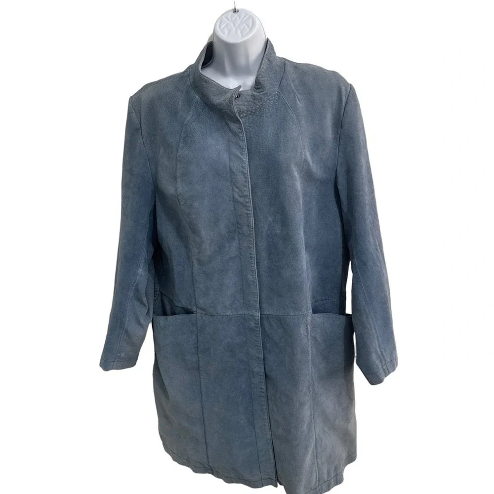 BERNARDO Jacket Womens 1X Slate Blue Genuine Leather Button‎ Closure
